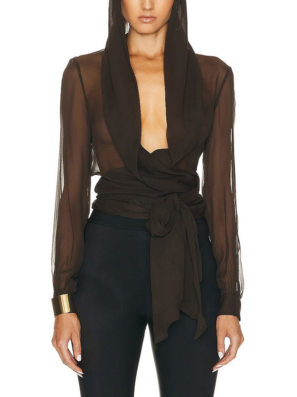 Long Sleeves Loose Pleated See-Through Solid Color Tied Waist Hooded Blouses&Shirts Tops