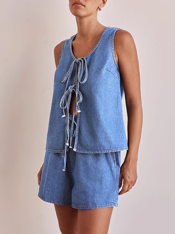 Loose Sleeveless Lace-Up Split-Joint Round-Neck Vest Top