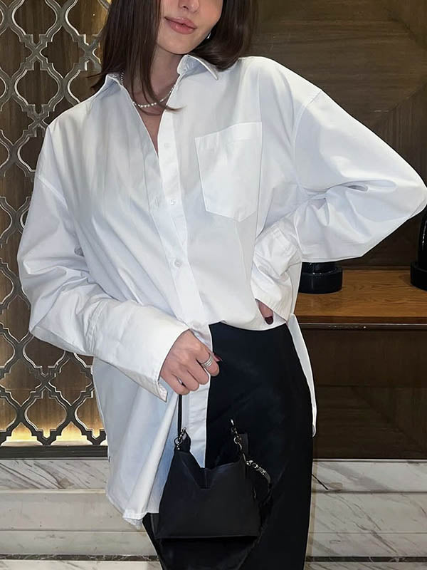 Long Sleeves Loose Buttoned Pockets Solid Color Lapel Blouses&Shirts Tops