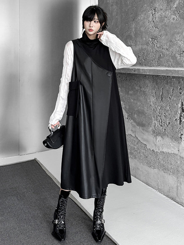 Irregularity Loose Asymmetric Buttoned Solid Color Split-Joint High Neck Midi Dresses