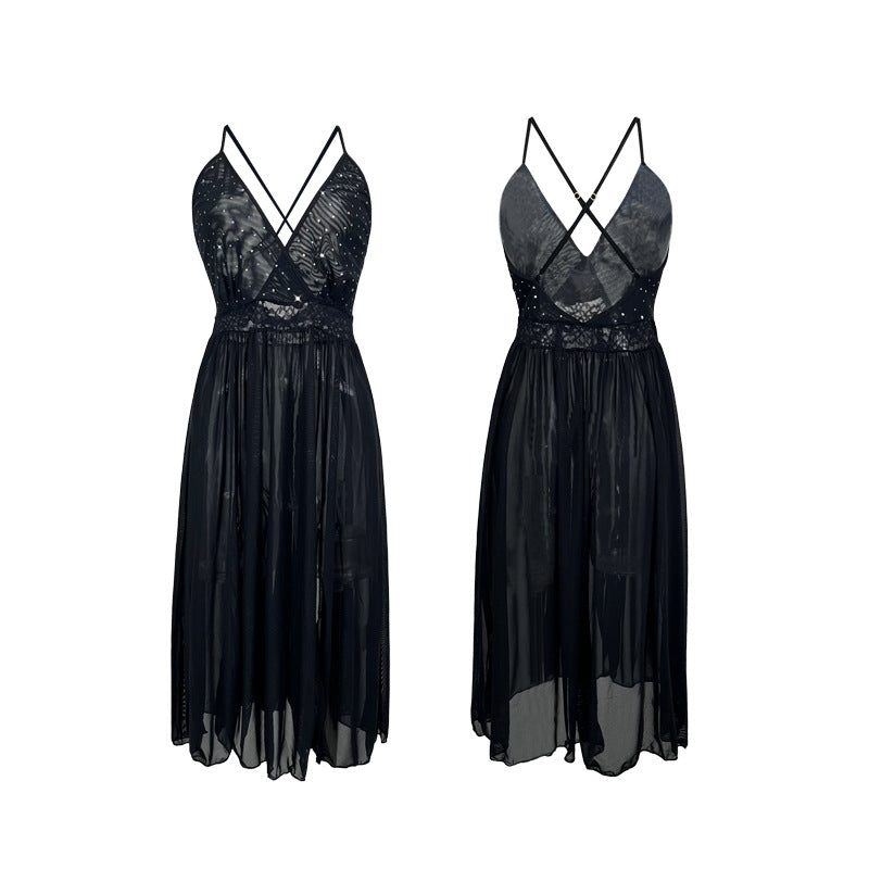 Women Fashion Sexy Deep V Backless Mesh Split Sleepwear