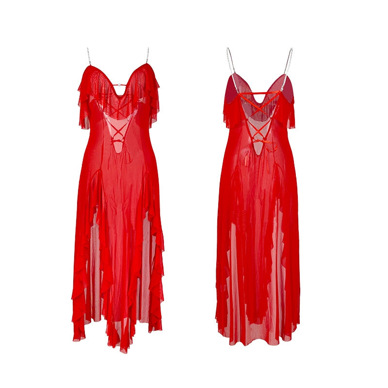 Women Fashion Sexy Solid Color Mesh Perspective Chain Backless Pajamas Set