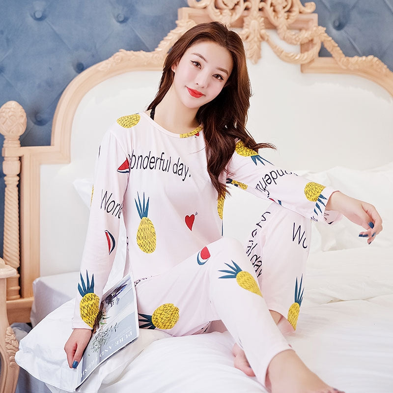 Women Fashion Casual Spring And Autumn Printed Round Neck Long Sleeve T-Shirt Loose Pants Pajamas Set
