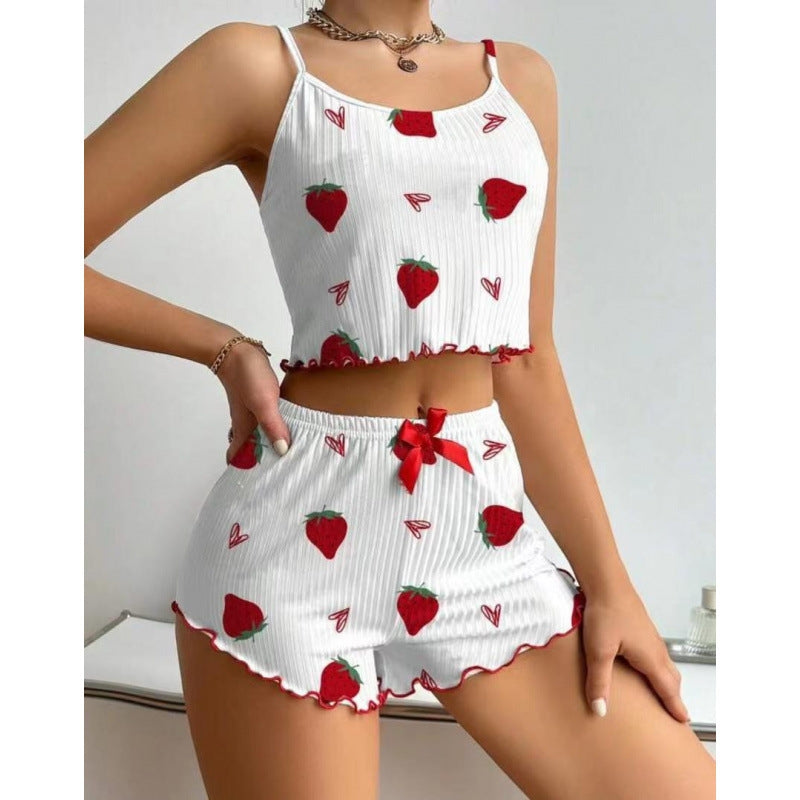 Women Fashion Cute Printed Camisole Loose Shorts Pajamas Two-Piece Set