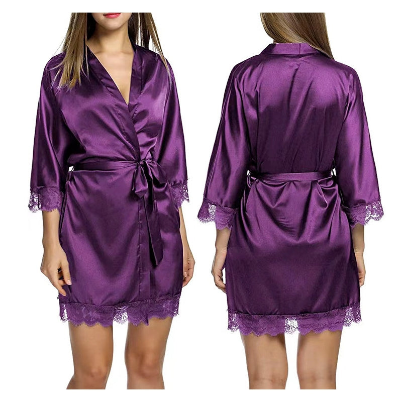 Women Fashion Sexy Solid Color Ice Silk Lace Splicing Lace-Up Pajamas