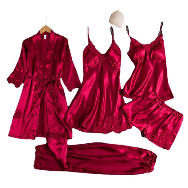 Women Summer Ice Silk Sexy Solid Color Lace Long Sleeve Nightgown Five-Piece Set