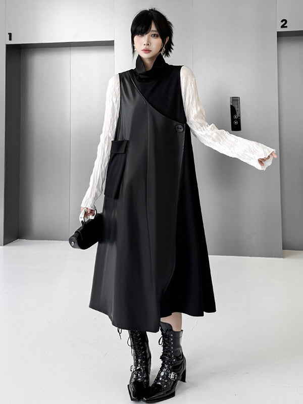 Irregularity Loose Asymmetric Buttoned Solid Color Split-Joint High Neck Midi Dresses