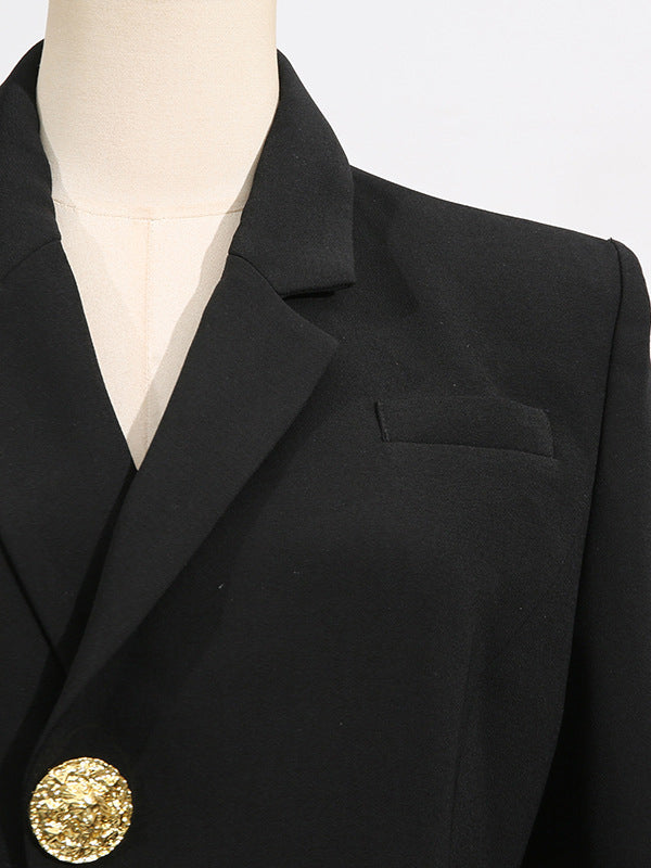 Long Sleeves Loose Buttoned Pockets Solid Color Notched Collar Blazer Outerwear