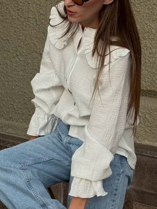 Long Sleeves Ruffled See-Through Split-Joint Peter Pan Collar Blouses&Shirts Tops