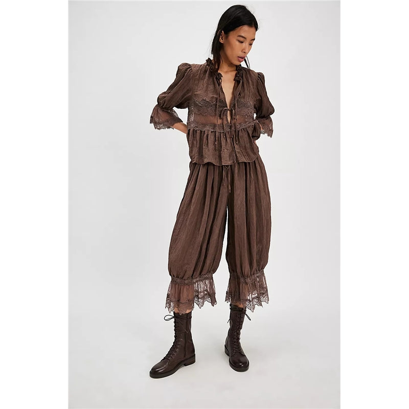 Women Fashion Elegant Lace Hollow-Out Lace-Up Pajamas Pants