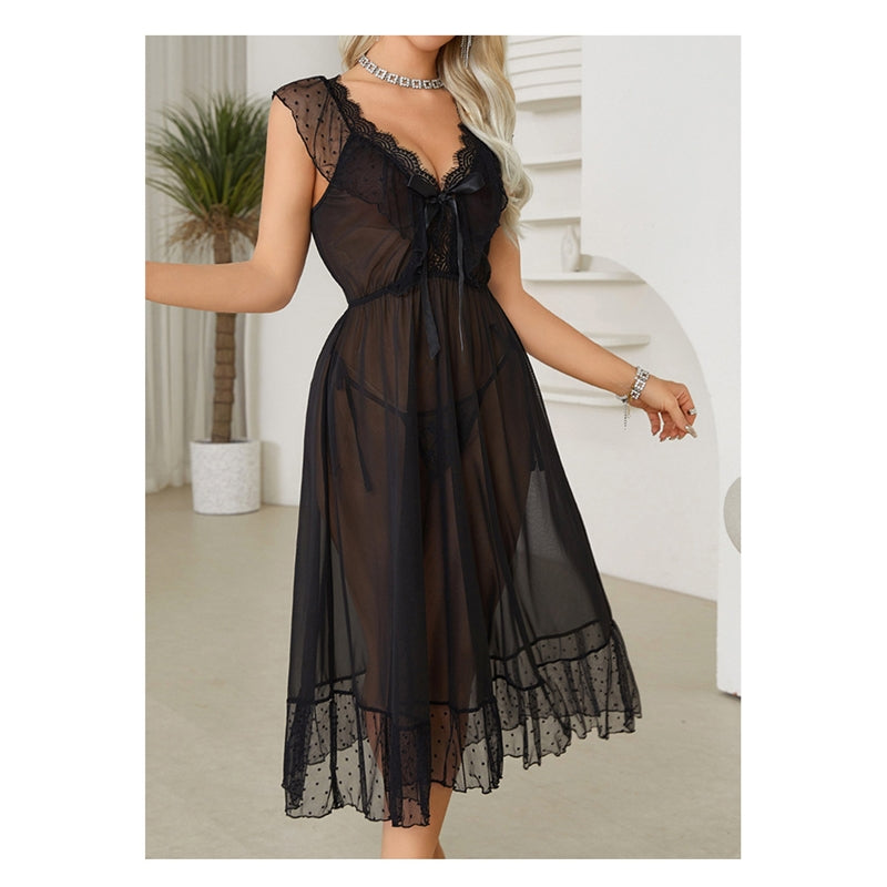 Women Fashion Sexy Deep V Lace Mesh Polar Dot Sexy Pajamas