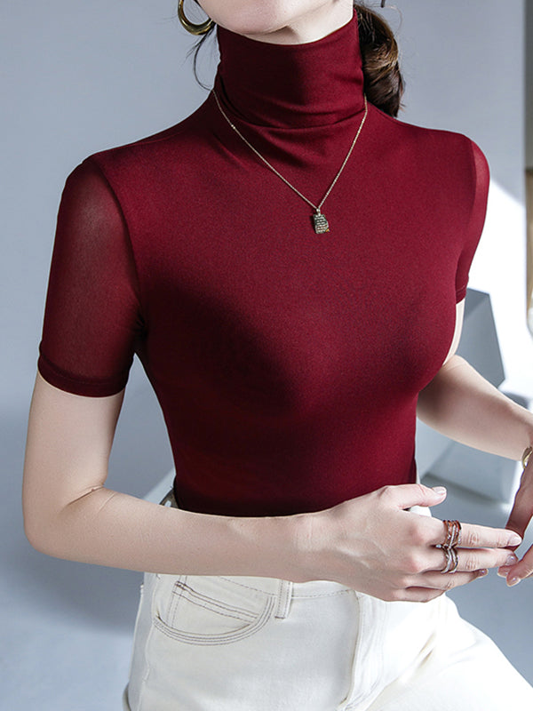 Half Sleeves Skinny Solid Color High Neck T-Shirts Tops