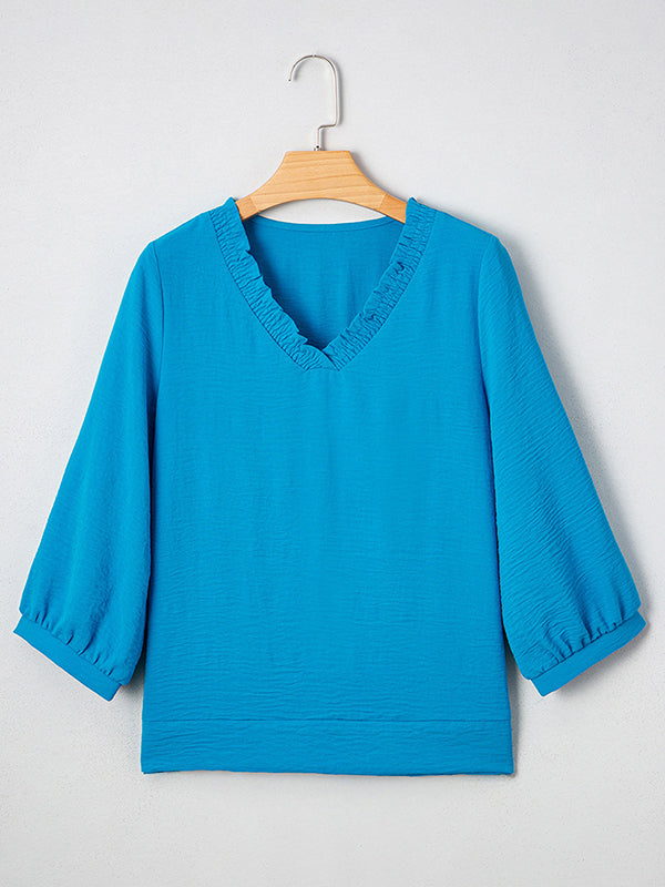 Long Sleeves Loose Pleated Solid Color V-Neck Blouses&Shirts Tops