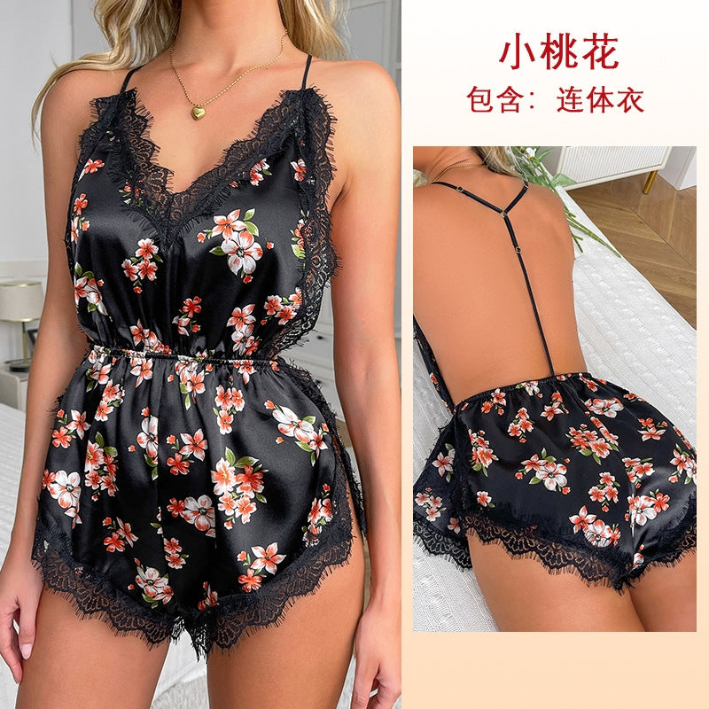 Women Fashion Sexy Deep V Lace Backless Sleepwear