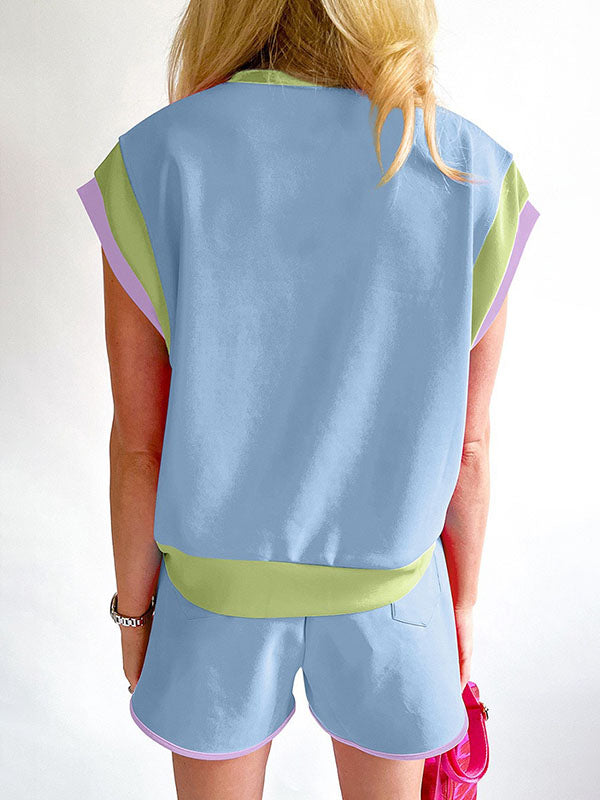 Contrast Color Short Sleeves Round-Neck T-Shirt + Elasticity Shorts Two Pieces Set