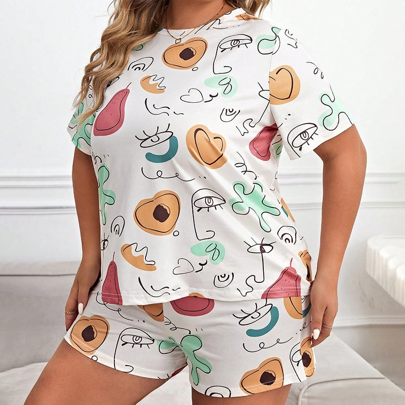 Women Fashion Casual Plus Size Printed T-Shirt Loose Shorts Pajamas Two-Piece Set