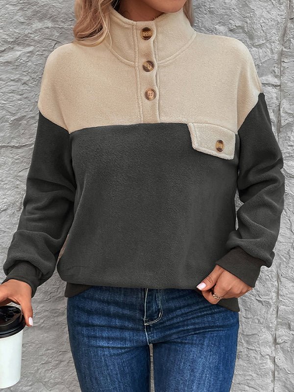 Long Sleeves Loose Buttoned Contrast Color Split-Joint Velvet Stand Collar Sweatshirt Tops