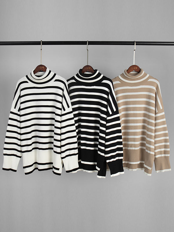 High-Low Long Sleeves Split-Joint Split-Side Striped High Neck Sweater Tops