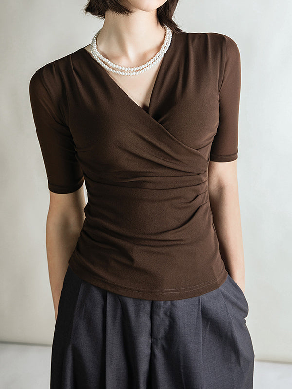 Half Sleeves Skinny Pleated Solid Color V-Neck T-Shirts Tops