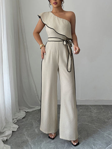 High Waisted Wide Leg Elasticity Tied Waist One-Shoulder Jumpsuits