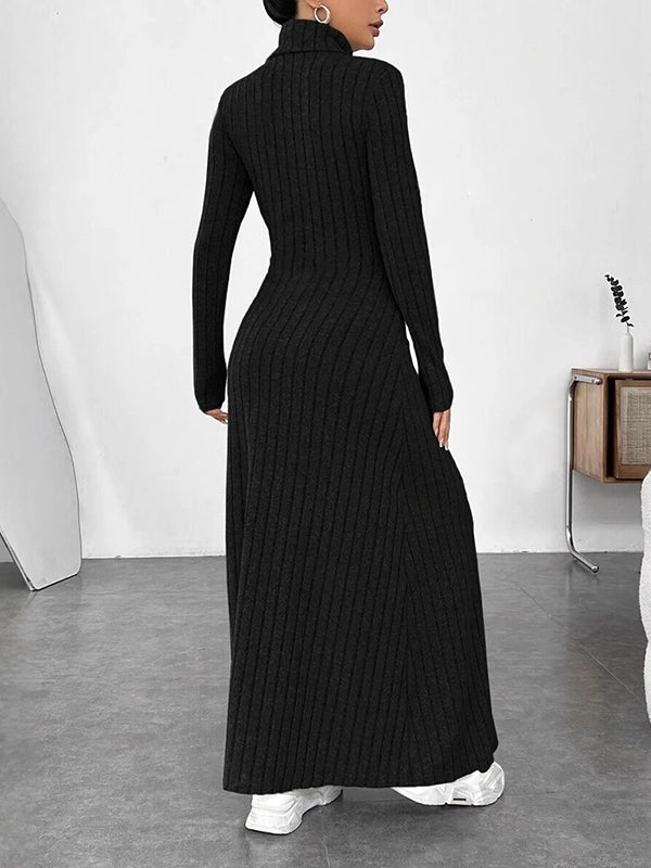 Long Sleeves Pleated Solid Color Split-Joint High Neck Maxi Dresses