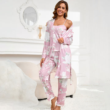 Women Fashion Casual Printed Camisole Loose Pants Long-Sleeve Coat Pajamas Three-Piece Set