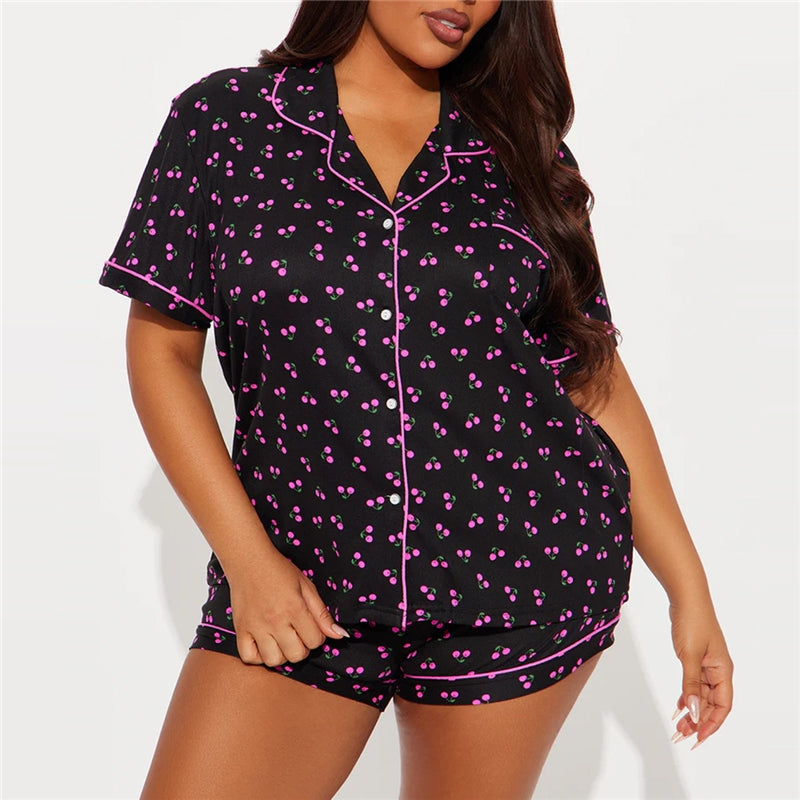 Women Fashion Casual Cherry Printed Lapel Short-Sleeve T-Shirt Loose Shorts Pajamas Two-Piece Set