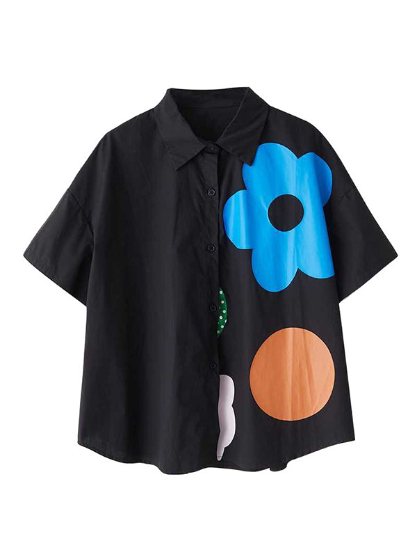 Loose Short Sleeves Buttoned Flower Print Lapel Blouses&Shirts Tops