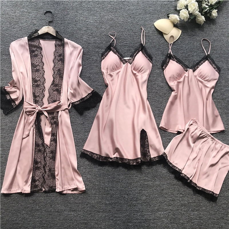 Women Sexy Solid Color Four-Piece Sling Pajamas