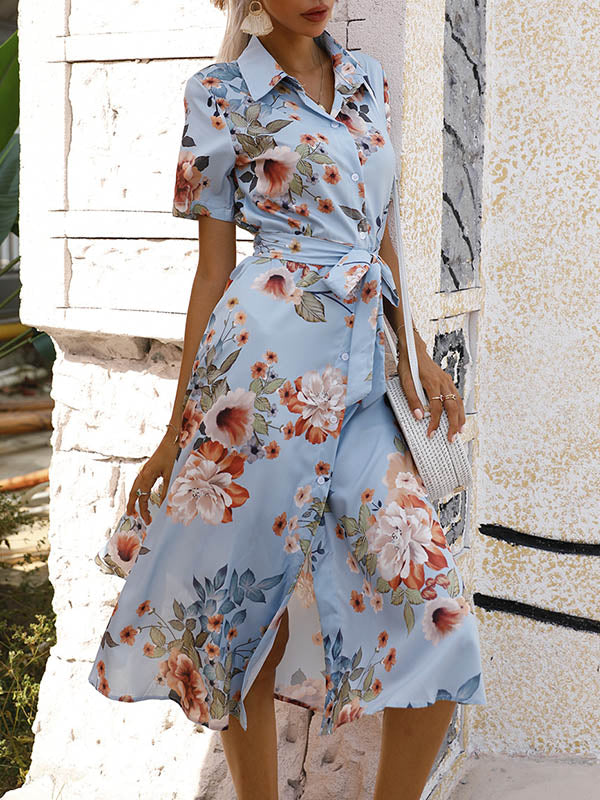 A-Line Loose Buttoned Flower Print Tied Waist Lapel Midi Dresses