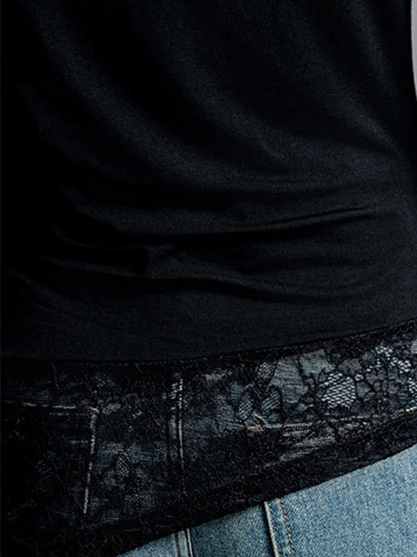 False Two Long Sleeves Asymmetric Embroidered Mesh See-Through Split-Joint Round-Neck T-Shirts