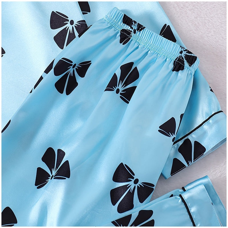 Women Fashion Bow Printed Pajamas Two-Piece Set
