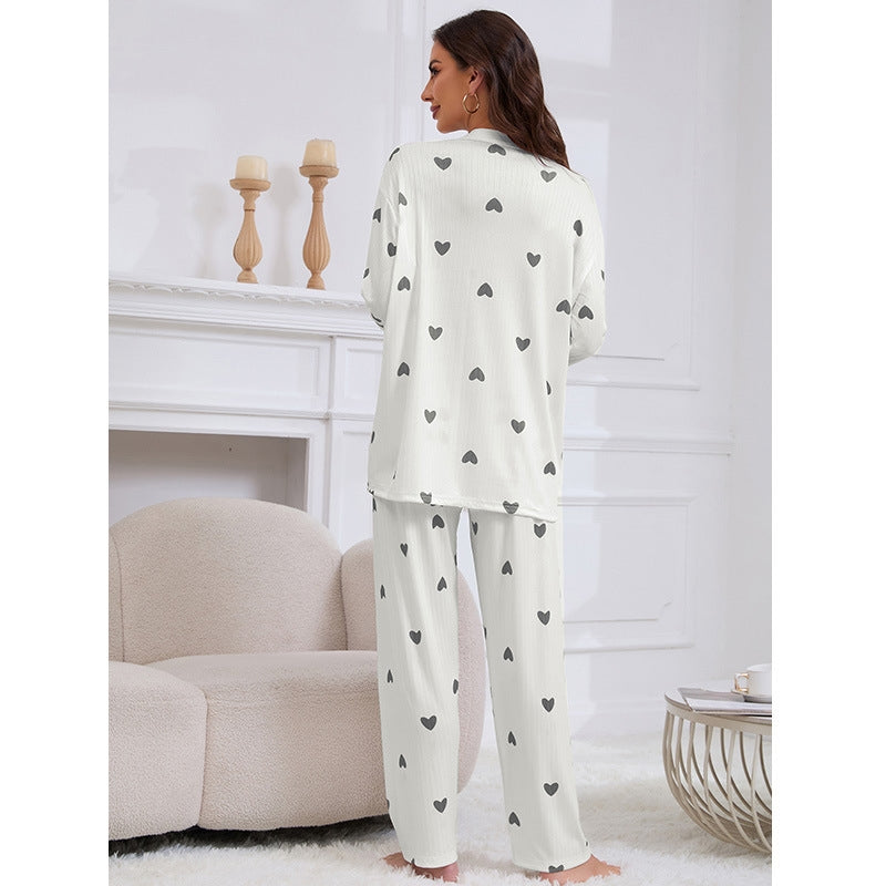 Women Fashion Casual Love Printed Round Neck Long Sleeve Top Loose Pants Pajamas Set