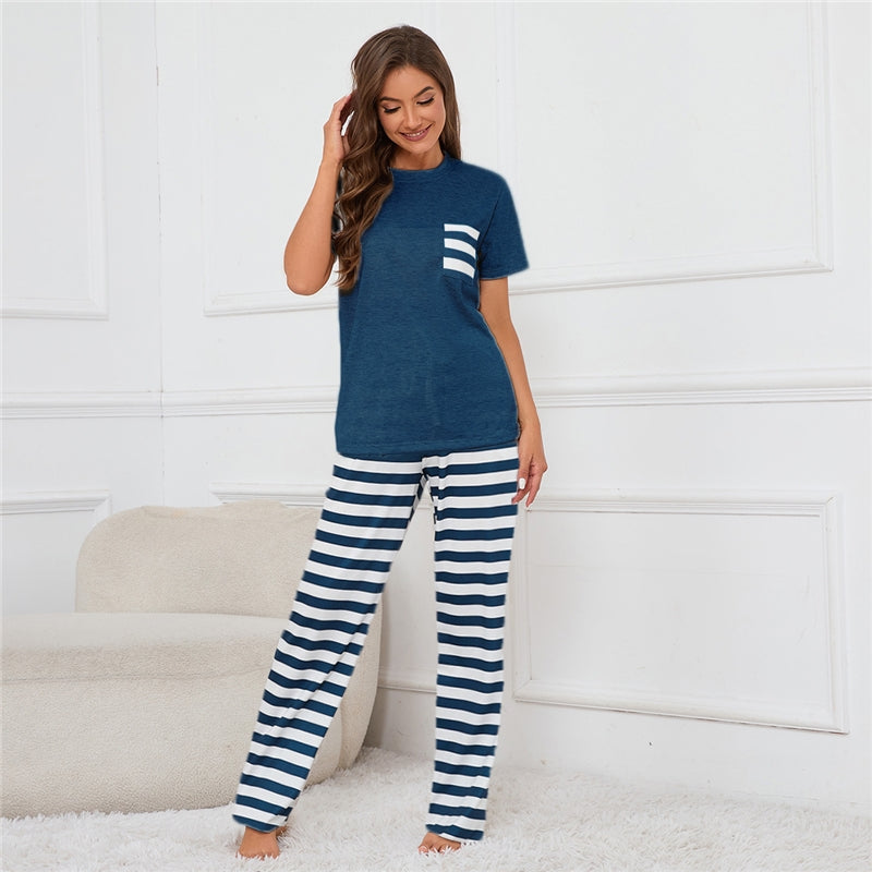 Women Fashion Casual Round Neck Short Sleeve T-Shirt Stripe Loose Pants Pajamas Two-Piece Set
