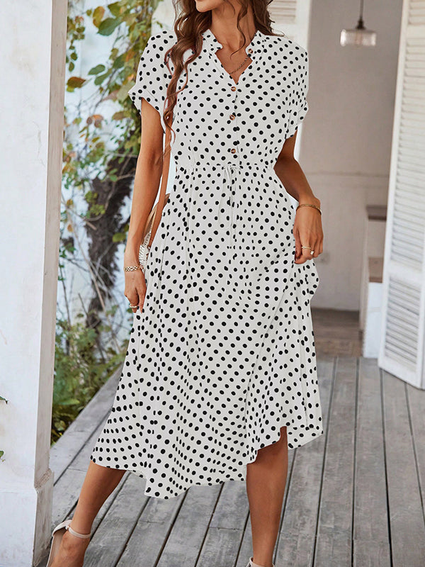A-Line High Waisted Buttoned Drawstring Polka-Dot V-Neck Midi Dresses