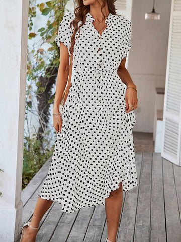 A-Line High Waisted Buttoned Drawstring Polka-Dot V-Neck Midi Dresses