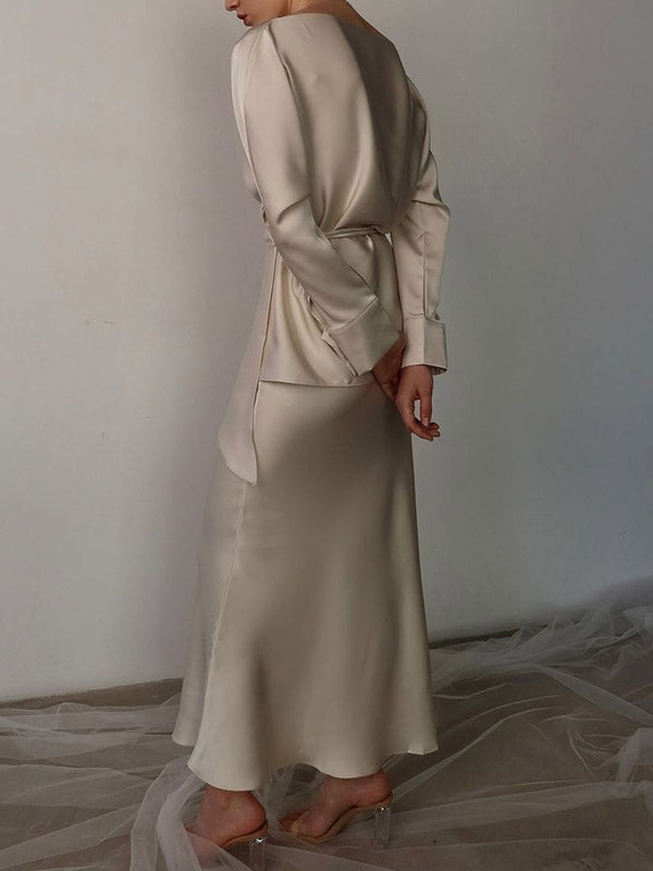 Loose Solid Color Split-Joint Boat Neck Long Sleeves Blouse & Shirt + Skirt Two Pieces Set