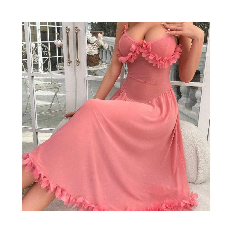 Women Fashion Sexy Solid Color Lace Mesh Semi-Transparent Pajamas Set