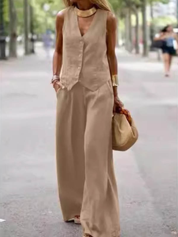 Plus Size Loose Solid Color Split-Joint V-Neck Vest + Elasticity Pants Two Pieces Set