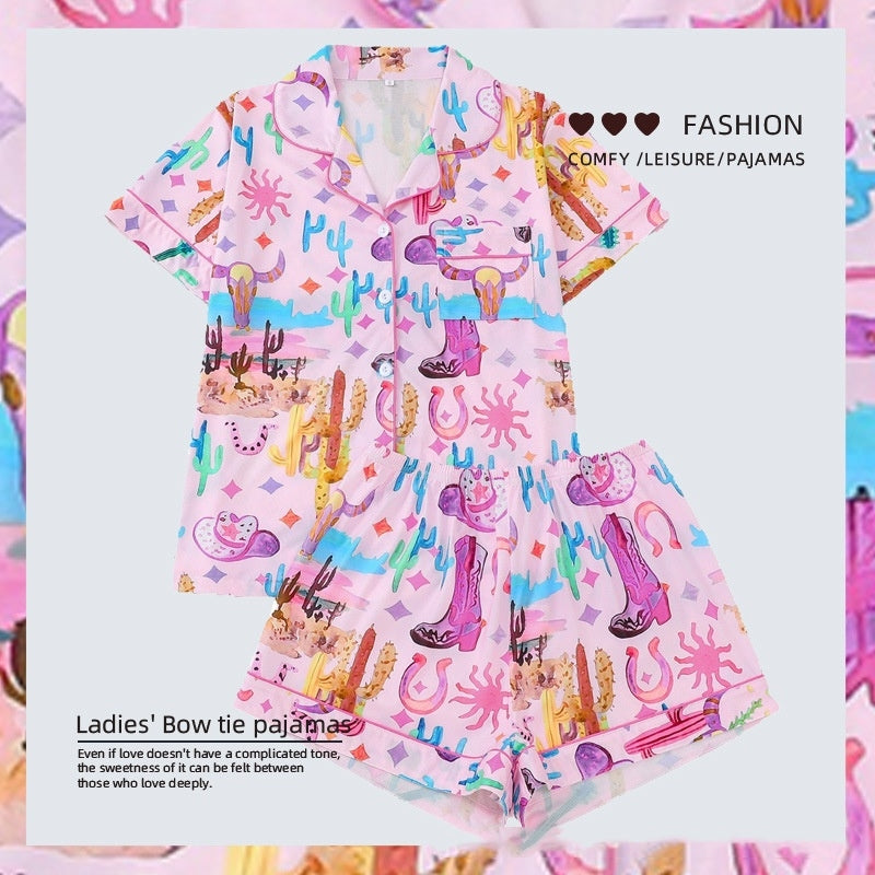 Women Multicolor Printed Lapel Loose Short Sleeve Shorts Pajamas
