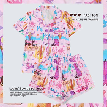 Women Multicolor Printed Lapel Loose Short Sleeve Shorts Pajamas