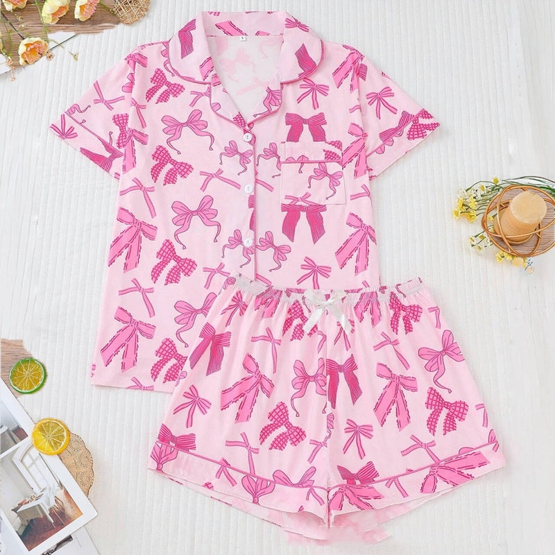 Women Pink Bow Print Lapel Short Sleeve Shorts Pajamas