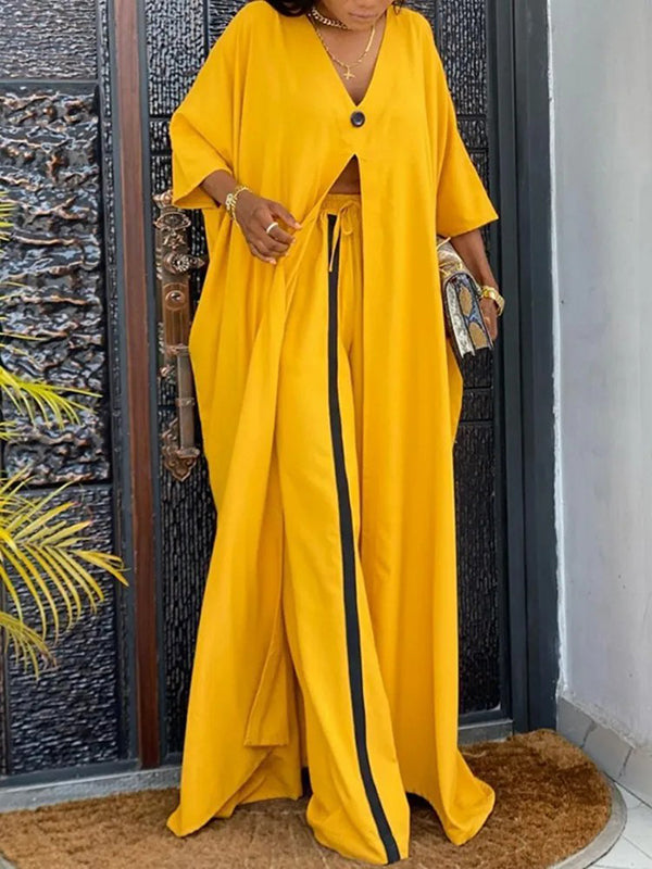 Batwing Sleeves Split-Front V-Neck Cover-Ups Tops + High Waisted Elasticity Pants Two Pieces Set