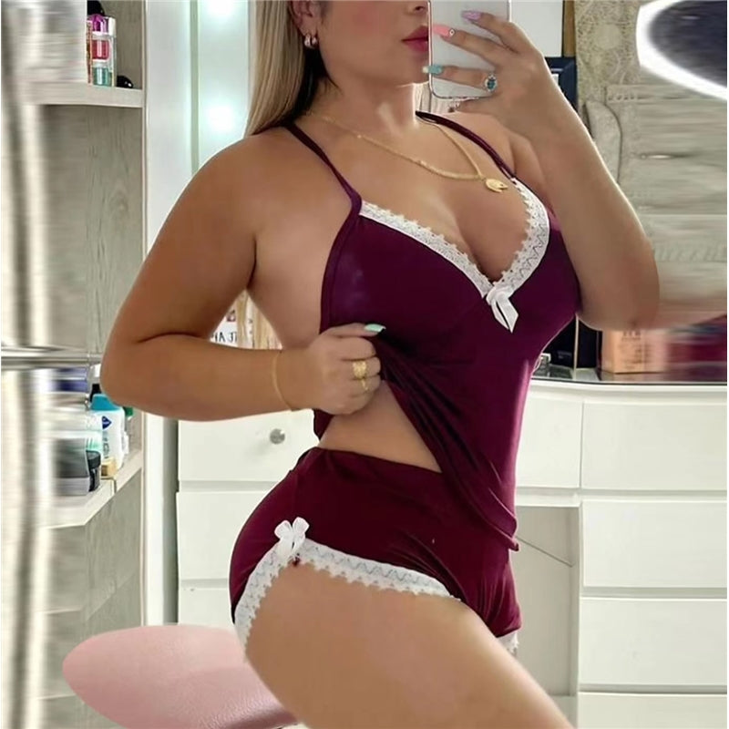 Women Fashion Sexy Deep V Leopard Printed Sling Top Shorts Sexy Underwear Set