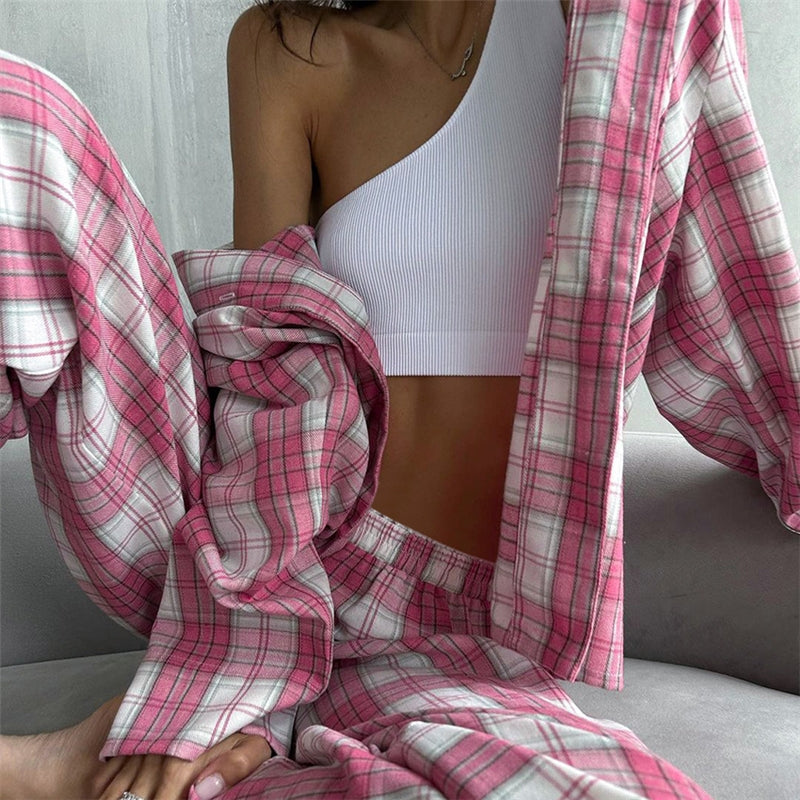Women Fashion Casual Red Plaid Long Sleeve Lapel Top Loose Pants Pajamas Set