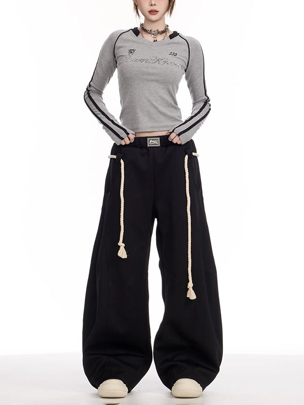 High Waisted Loose Drawstring Elasticity Pockets Solid Color Pants Trousers