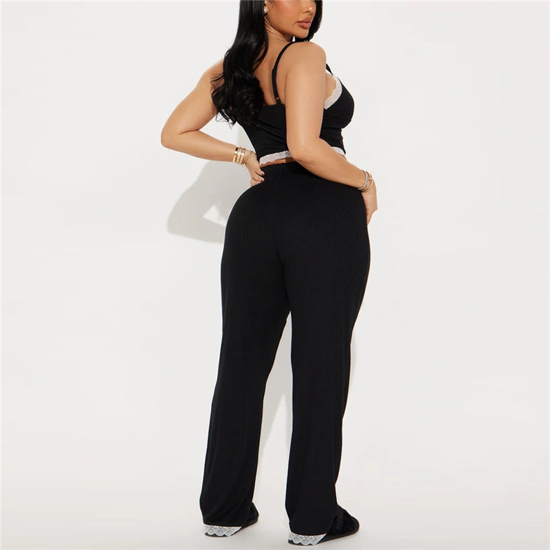Women Fashion Sexy Lace Splice Camisole Loose Pants Pajamas Two-Piece Set