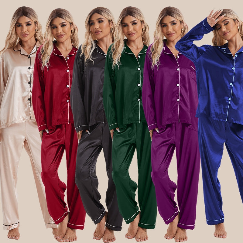 Women Simple Casual Lapel Ice Silk Long-Sleeved Pajamas Set