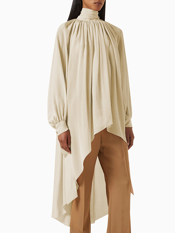 High-Low Long Sleeves Pleated See-Through Solid Color Tied High Neck Blouses&Shirts Tops