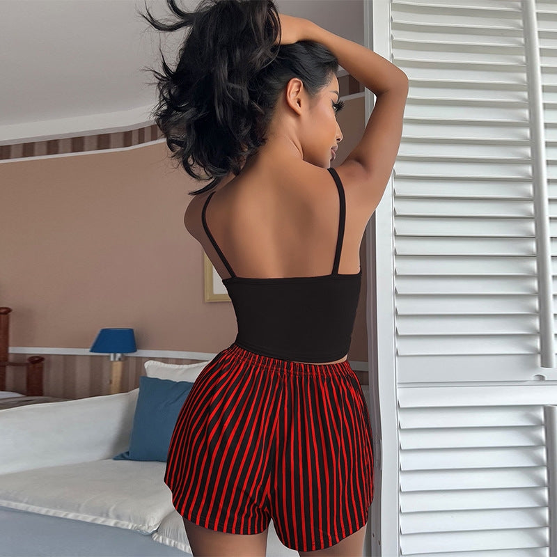 Women Fashion Sexy Letter Printed Camisole Loose Stripe Drawstring Shorts Pajamas Two-Piece Set